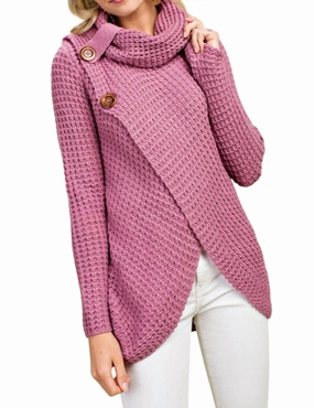 Cowl Neck Asymmetric Wrap Sweater In Lavender Brushed Interior Layered Knit Style