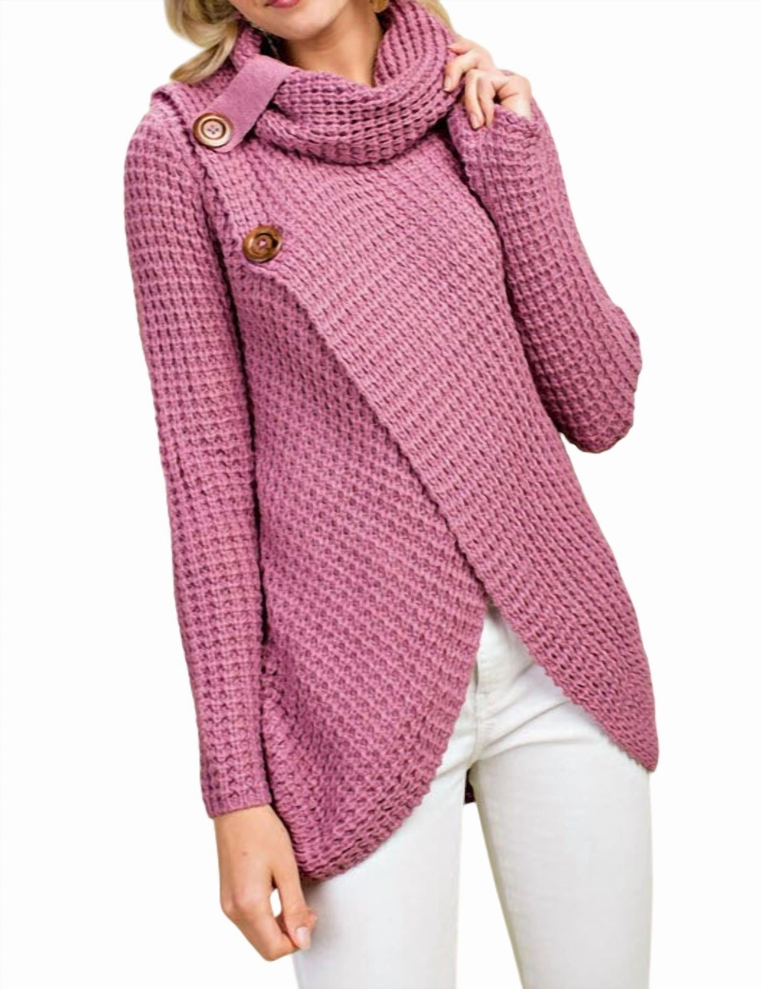 Soft Layer Cowl Neck Asymmetric Wrap Sweater In Lavender