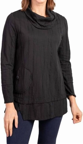 Cowl Pocket Tunic Top In Black Ribbed Hem Trendy Layers