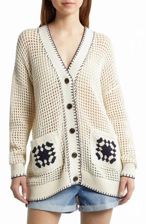 Crochet Open Stitch Cardigan In Cream/navy Knitted Comfort Versatile Piece