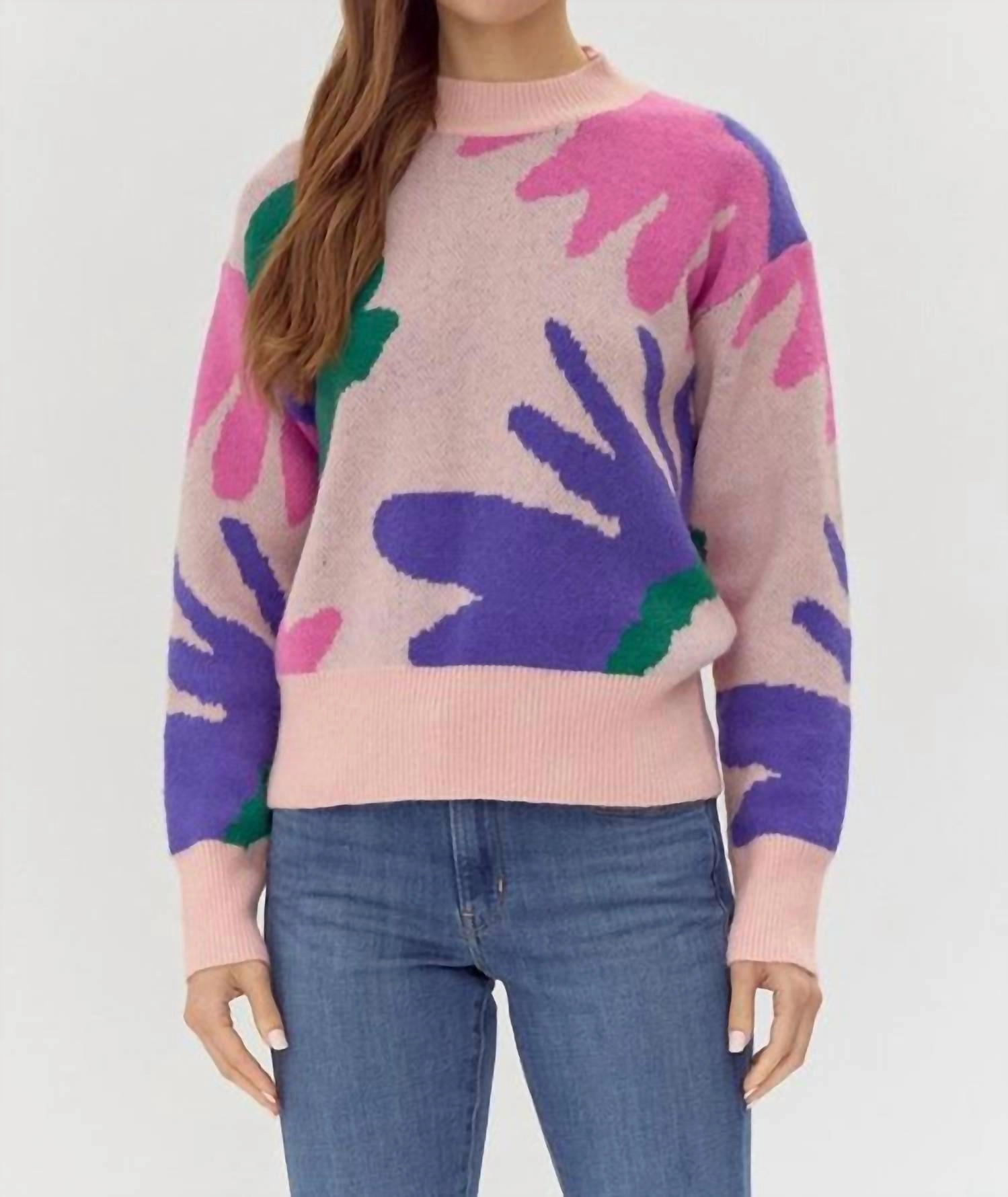 Light Reflective Trim Retro Vibes Playful Print Sweater In Light Pink