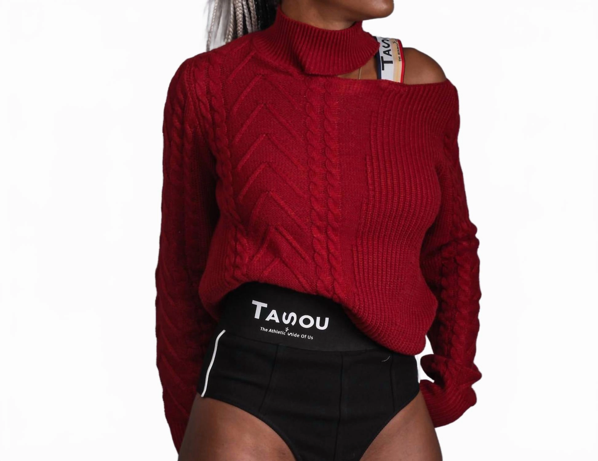 Women's Victorian Cut Out Shoulder Sweater In Burgundy Chilly Day Style Modern Comfort