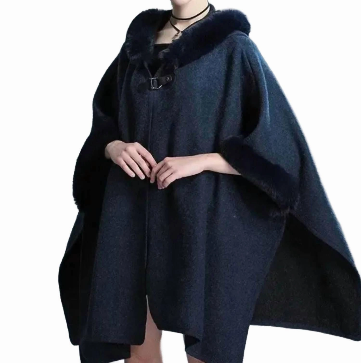 Cozy Faux Fur Hooded Poncho In Navy Blue Essential Knitwear