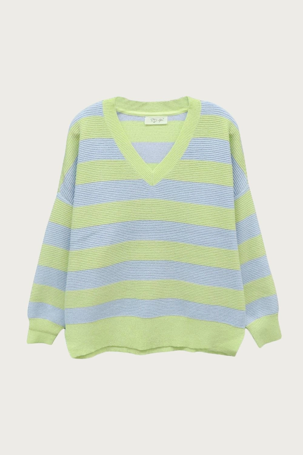 Oversized Ottoman Rugby Striped Sweater In Green/lavender Snug Knit