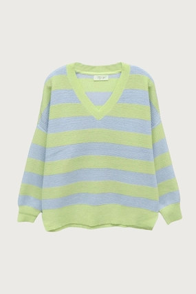 Oversized Ottoman Rugby Striped Sweater In Green/lavender Snug Knit