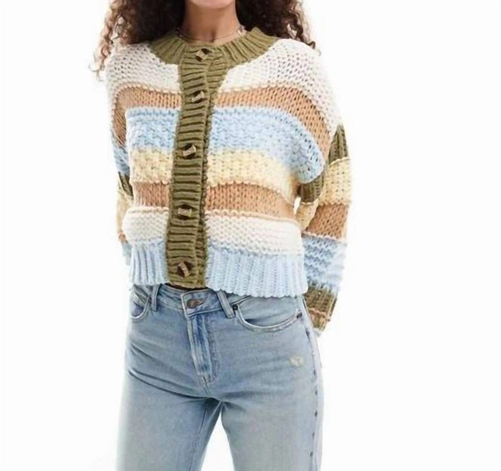 Cozy Knit Cardigan In Blue Multi Soft Fabric Look Warm Wear