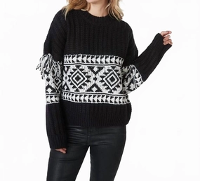 Jacquard Fringed Sweater In Black Snuggly Fit Tagless Neck Finish
