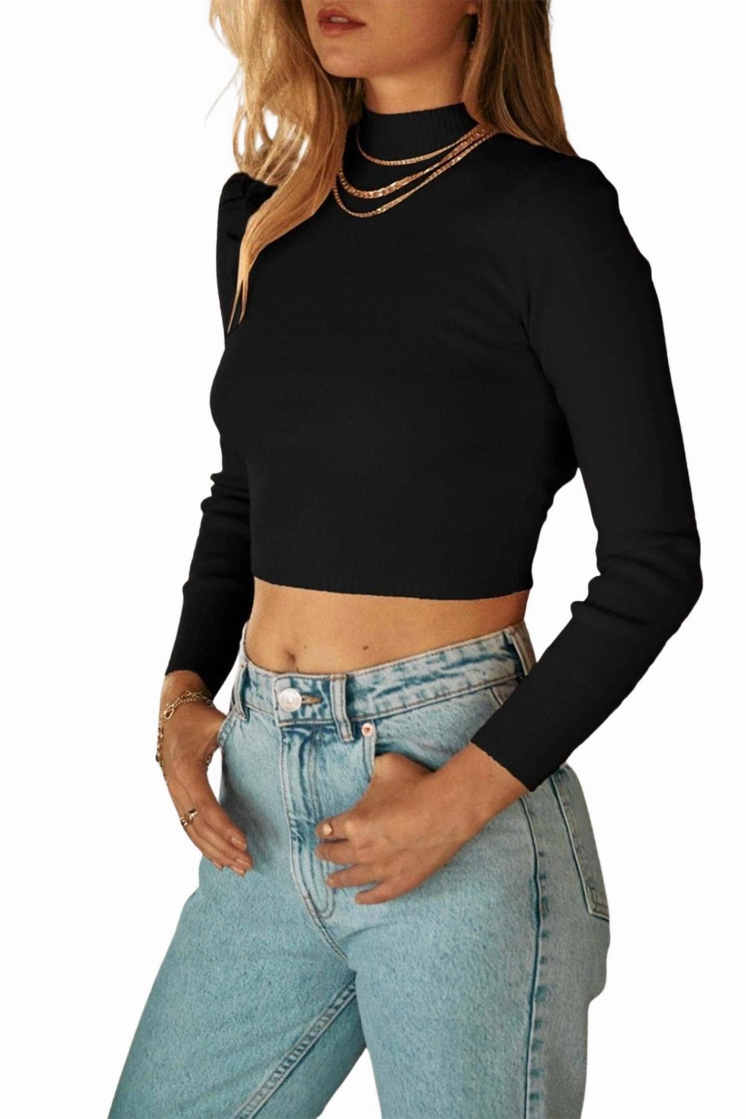 Anti Snag Threadwork Cropped Open-Back Mock Neck Sweater In Black