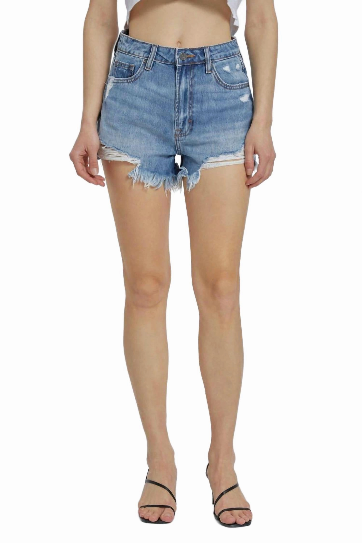 Medium Wash High Rise Frayed Shorts In Blue Active Design