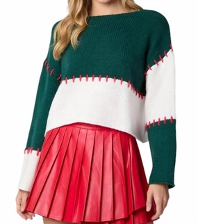 Color Block Hand Stitch Detail Cropped Sweater In Green Fashionable Comfort Soft Knit Wear