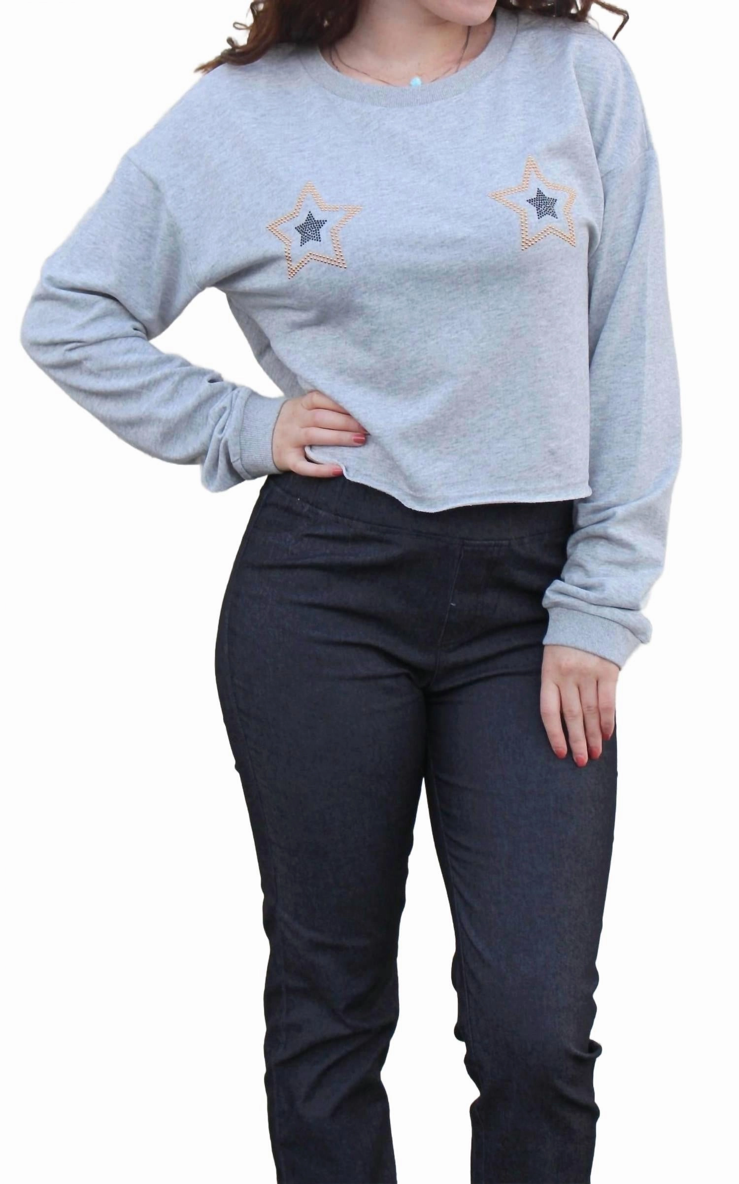 Luxe Touch Jeweled Star Cropped Long Sleeve Top In Heather Gray