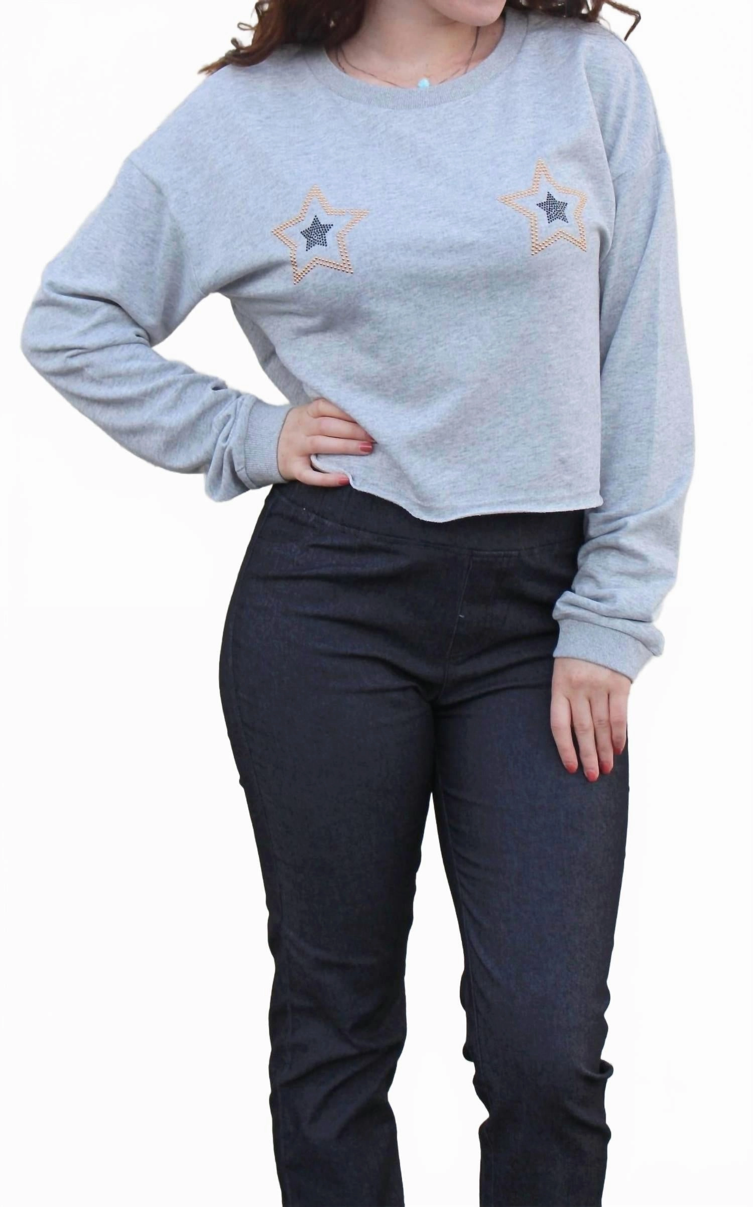 Jeweled Star Cropped Long Sleeve Top In Heather Gray Cozy Layering Chilly Season Wear