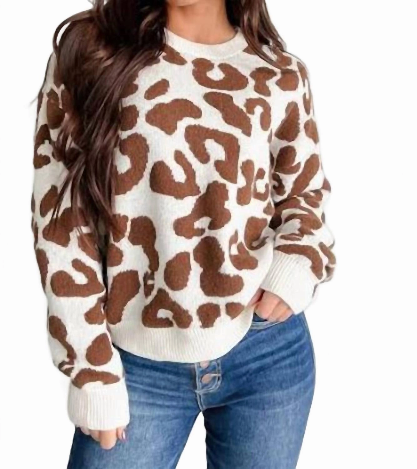 Cream/brown Animal Print Sweater Soft Knitwear