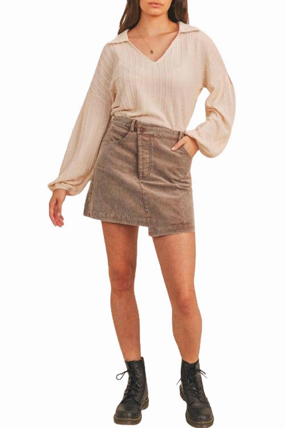 Criss-Cross Asymmetrical Corduroy Skirt In Washed Mocha Seamless Finish