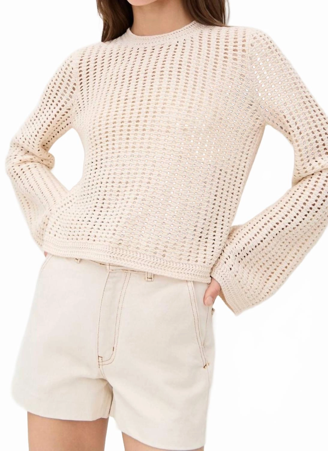 Cozy Chic Snug Layers Crochet Bell Sweater In Alabaster