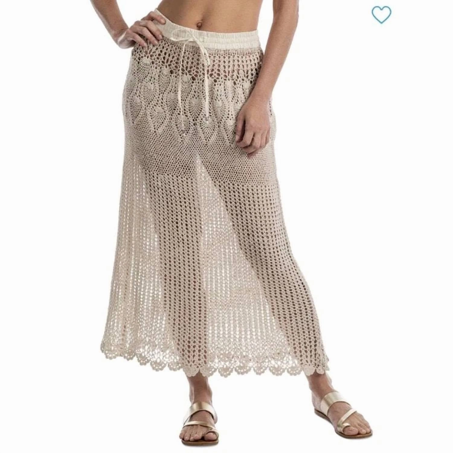 Hand Stitched City Wear Crochet Drawstring Maxi Skirt In Beige