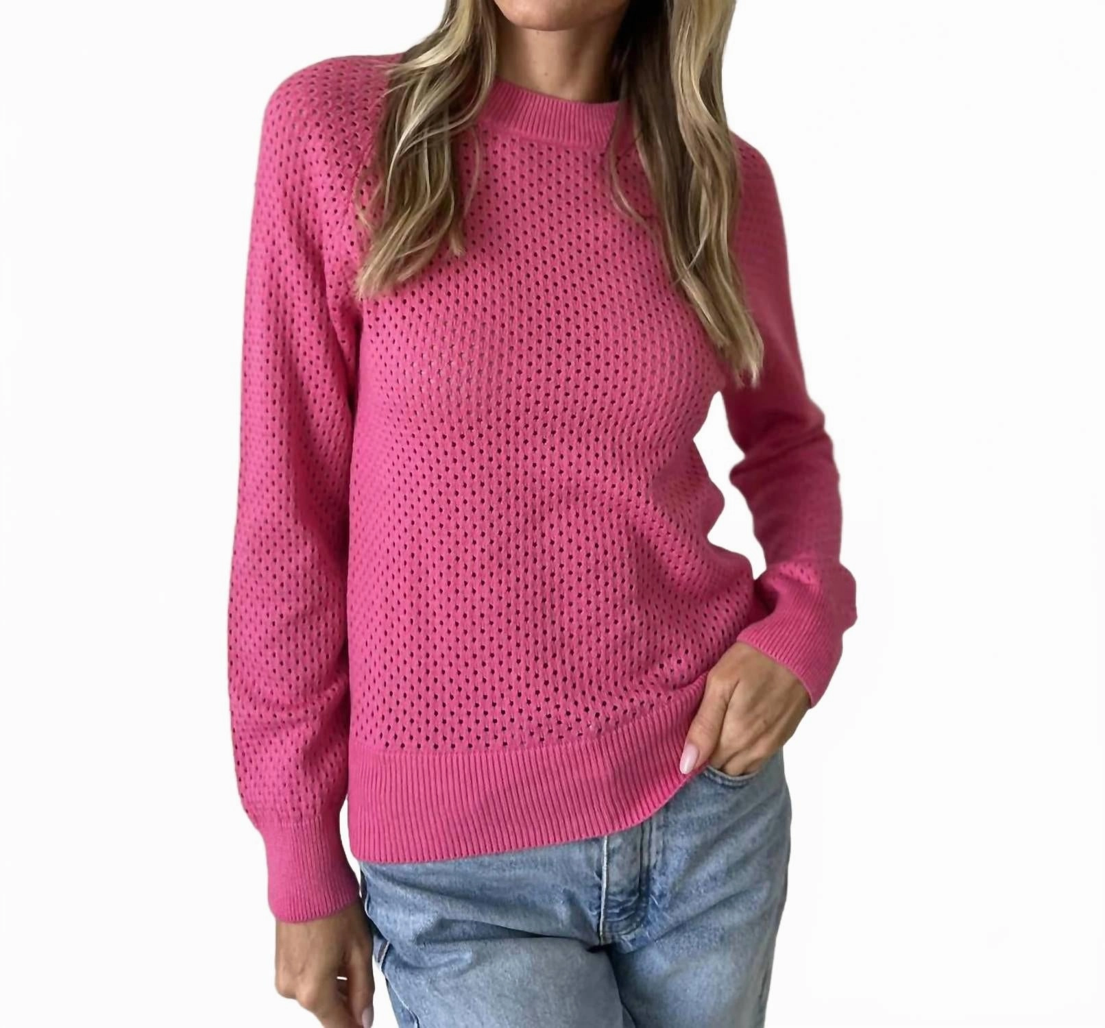 Knitted Layer Crochet Long Sleeve Sweater In Hot Pink