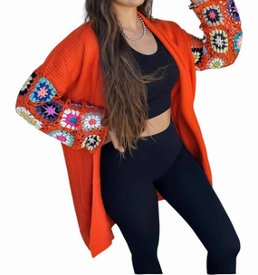 Lightweight Knit Crochet Sleeve Cardigan In Orange