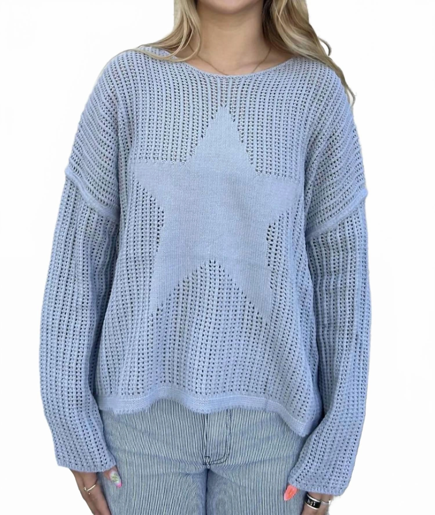 Yarn Dyed Fabric Crochet Star Sweater In Dusty Blue