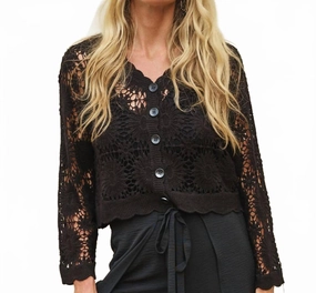 Crochet V.neck Buttoned Cardigan In Black Seasonal Warmth Comfy Trend