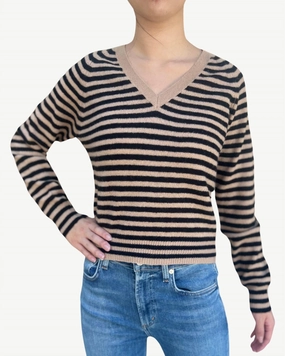 Crop Stripe V-Neck Sweater In Camel Black Layering Style