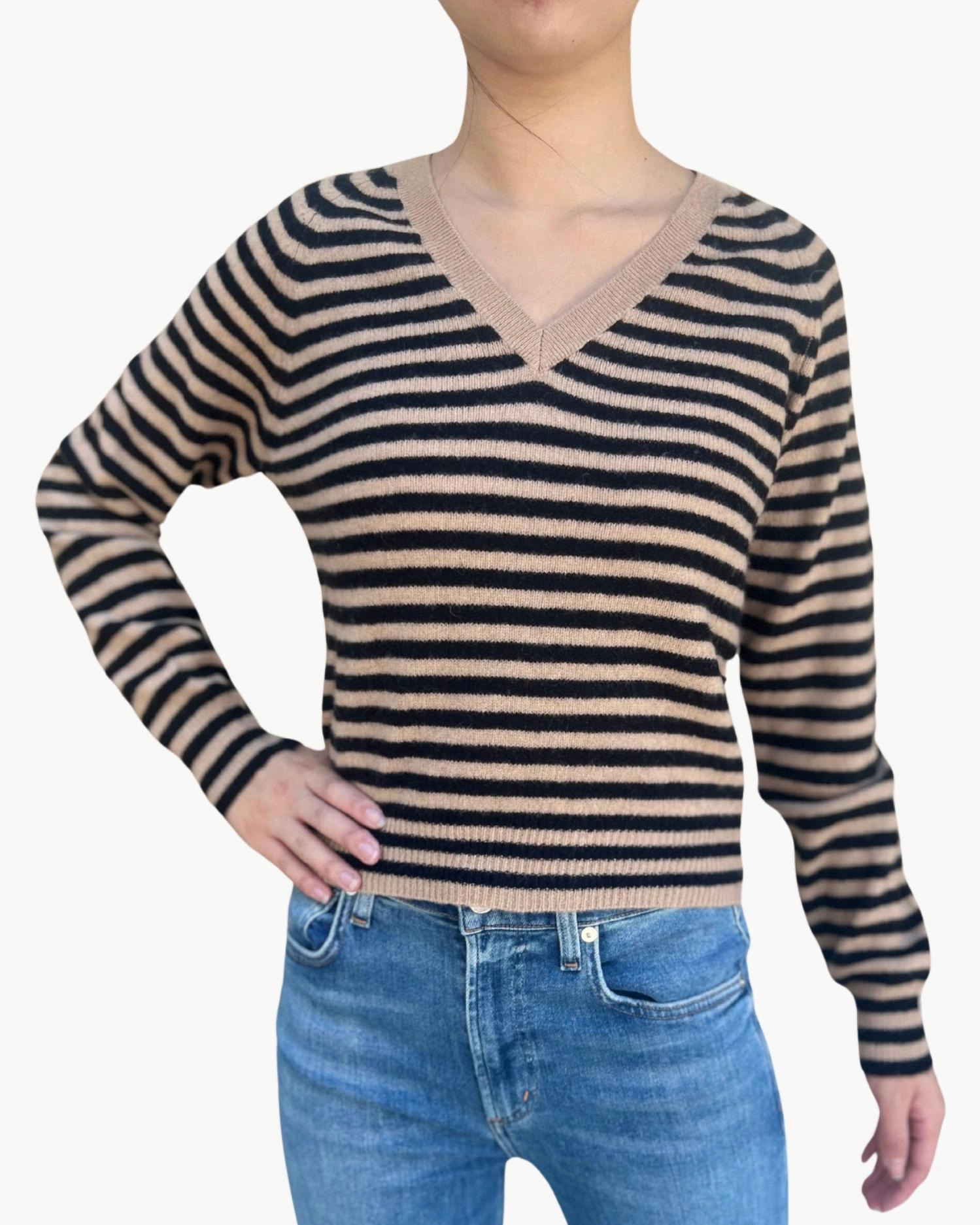 Crop Stripe V-Neck Sweater In Camel Black Layering Style