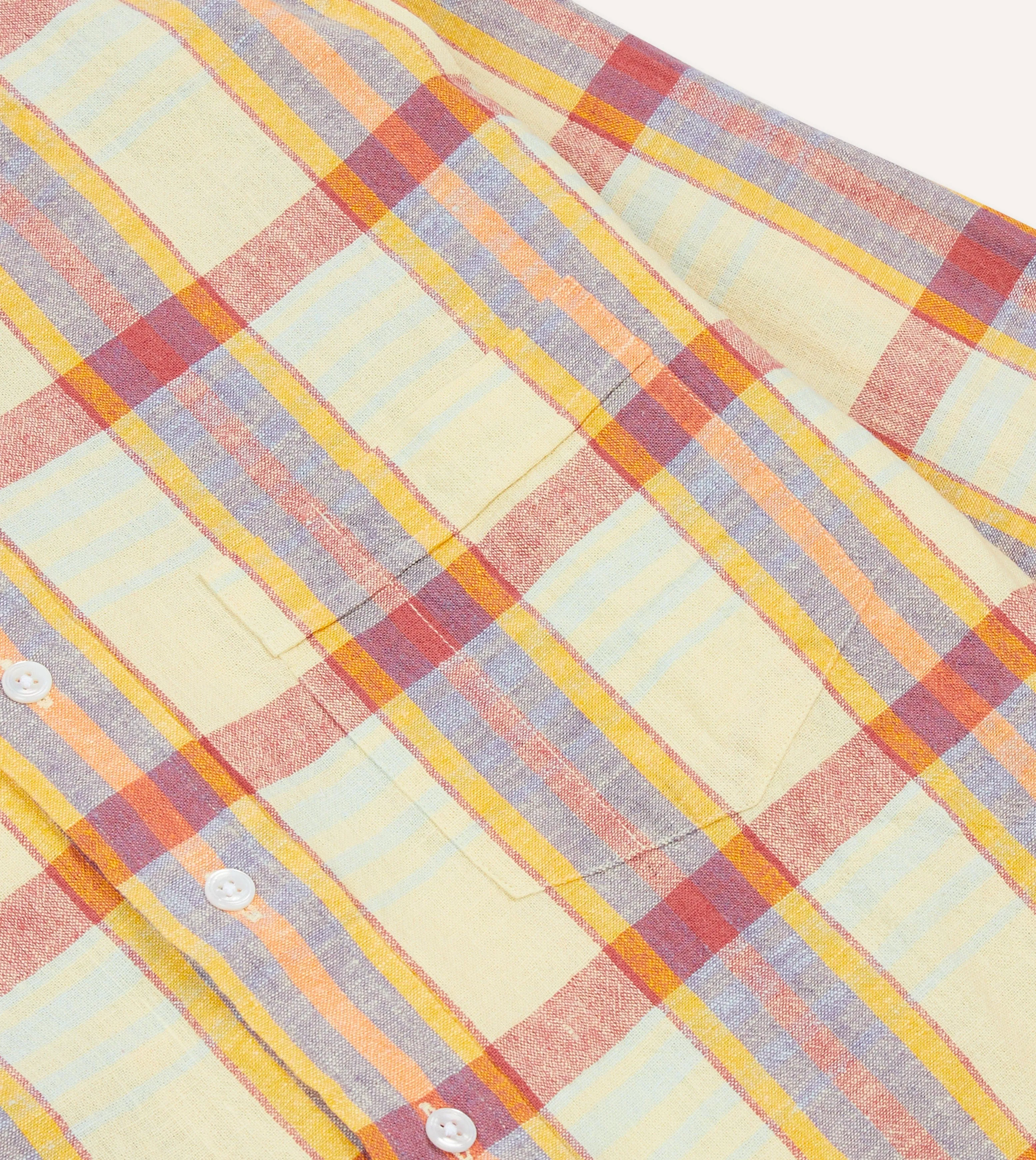 Yellow and Red Madras Check Cotton-Linen Button-Down Shirt Travel-friendly