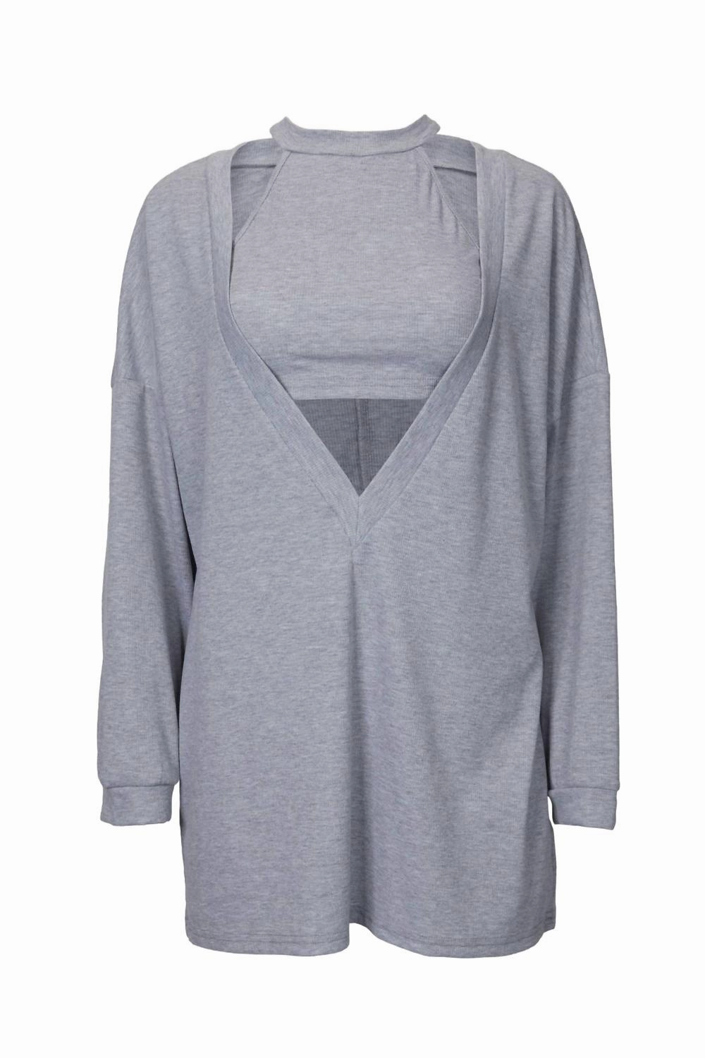 Knitwear Choice Cropped Tank And Pullover Two-Piece Set In Light Grey