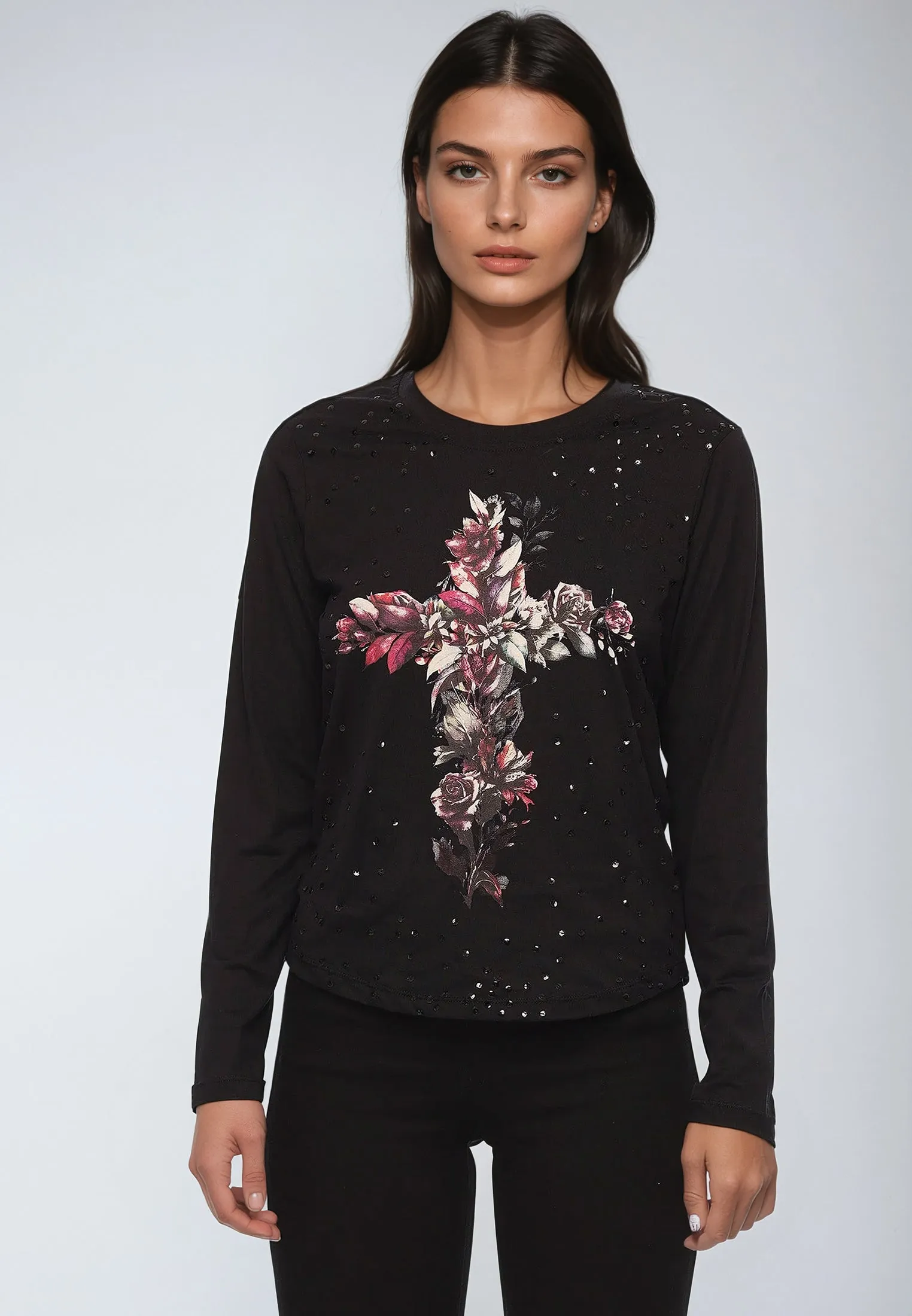 CROSS BOTANICAL LONG SLEEVE TOP BLACK family gathering Classic Look