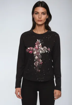 CROSS BOTANICAL LONG SLEEVE TOP BLACK family gathering Classic Look