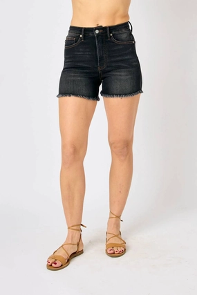 Tummy Control Fray Hem Shorts In Black Breathable fabric construction