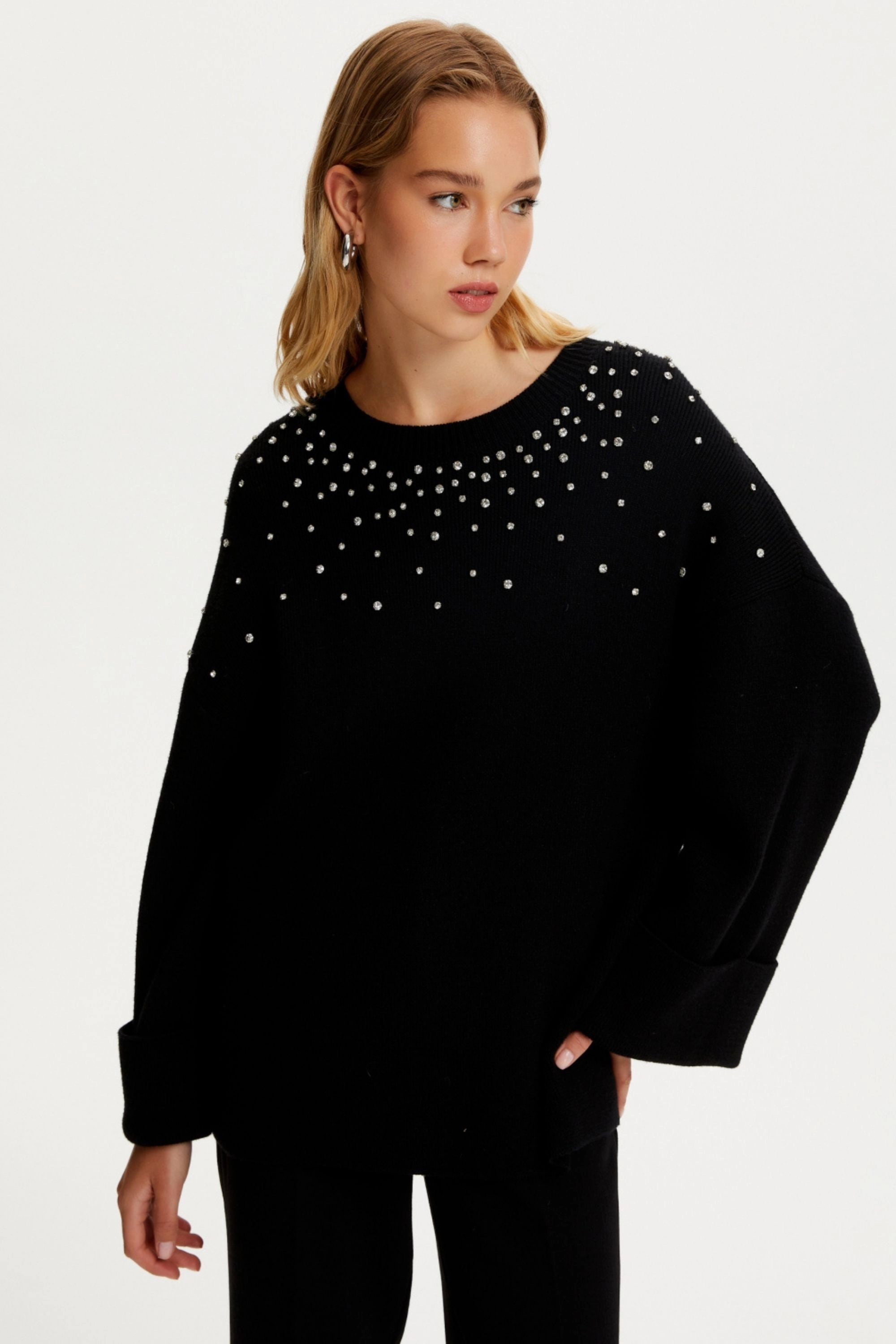 Crystal Stone Detailed Knit Sweater Low Maintenance Fabric