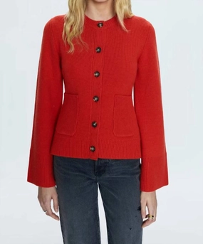 Casual Comfort Wear Flexible Collar Opening Dani Cinched Waist Cardigan In Rouge