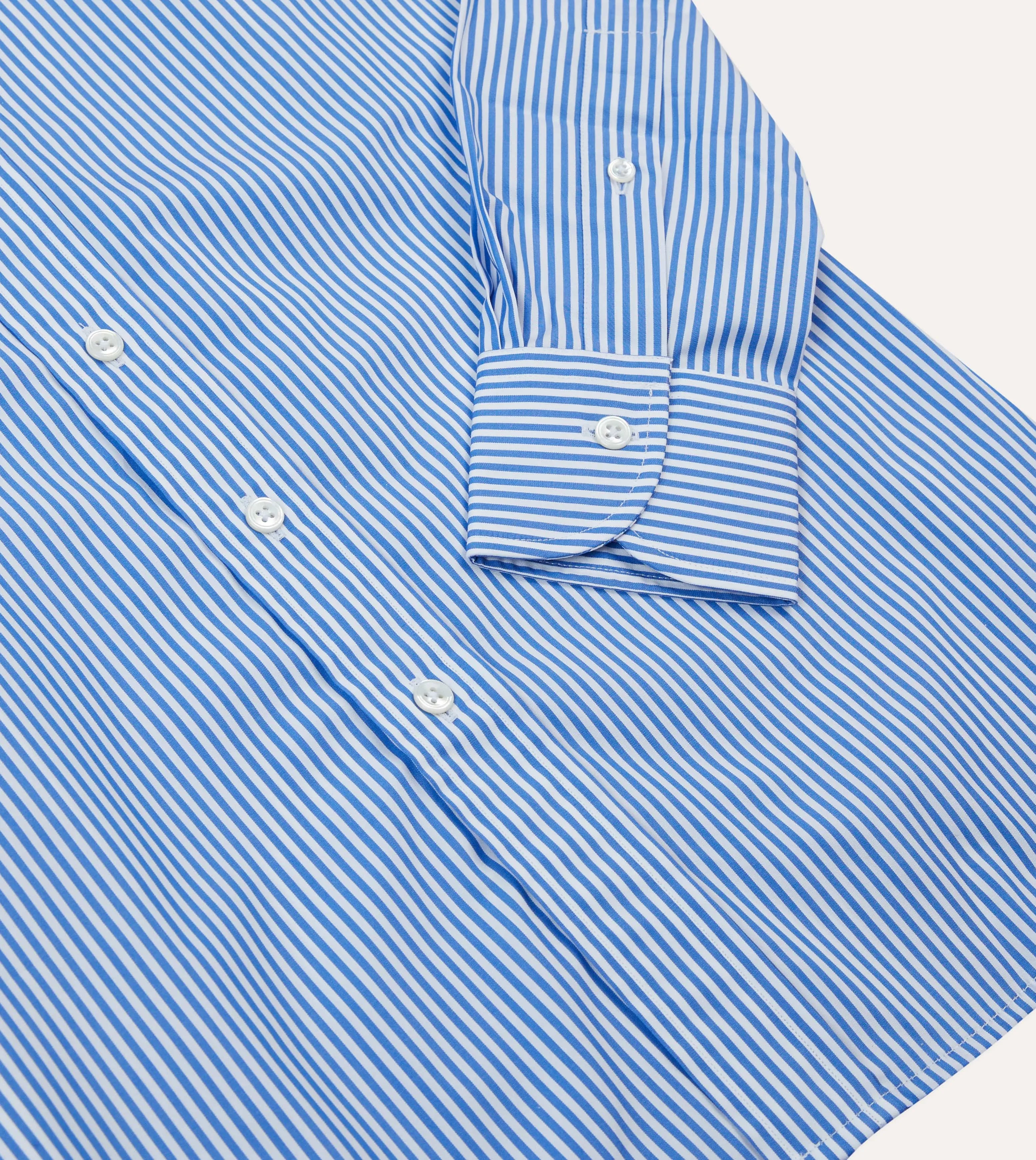 Seamless Shoulder Construction Dark Blue and White Bengal Stripe Spread Collar Cotton Poplin Shirt