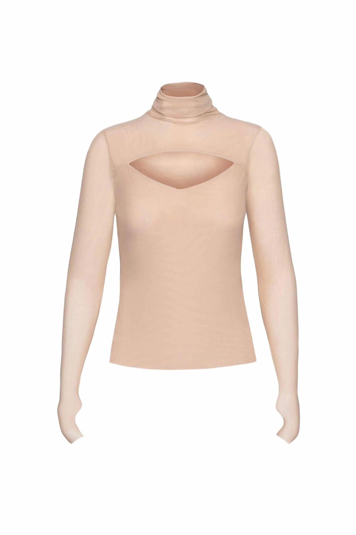 Dawn Power Mesh Turtleneck Top In Tan Modern Look