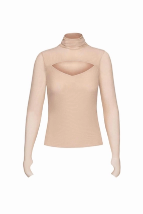 Temperature Regulating Fibers Dawn Power Mesh Turtleneck Top In Tan