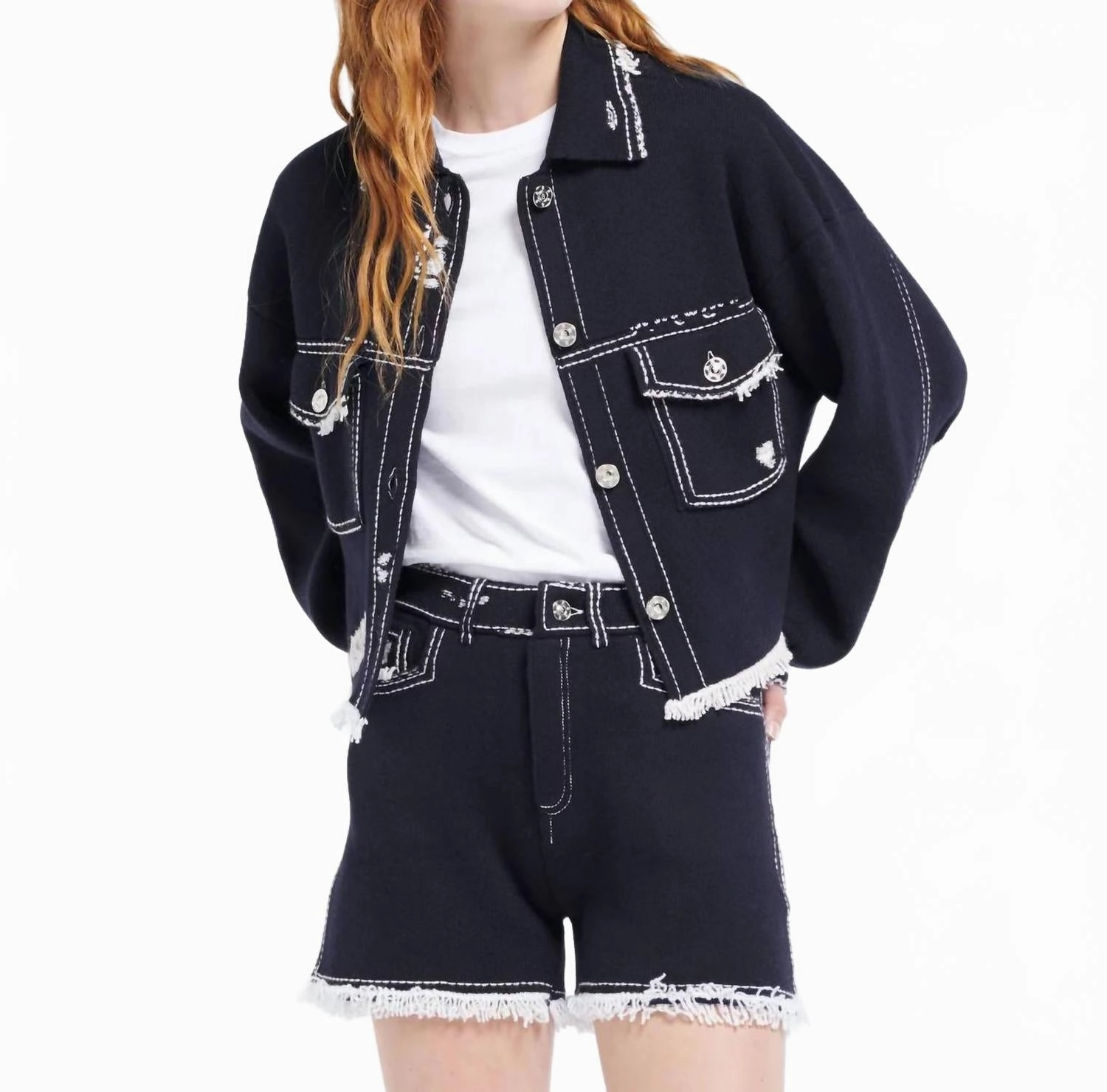 Denim Fringed Cashmere And Cotton Shorts In Nero Navy / Niveous vest Wrinkle Resistant Treatment