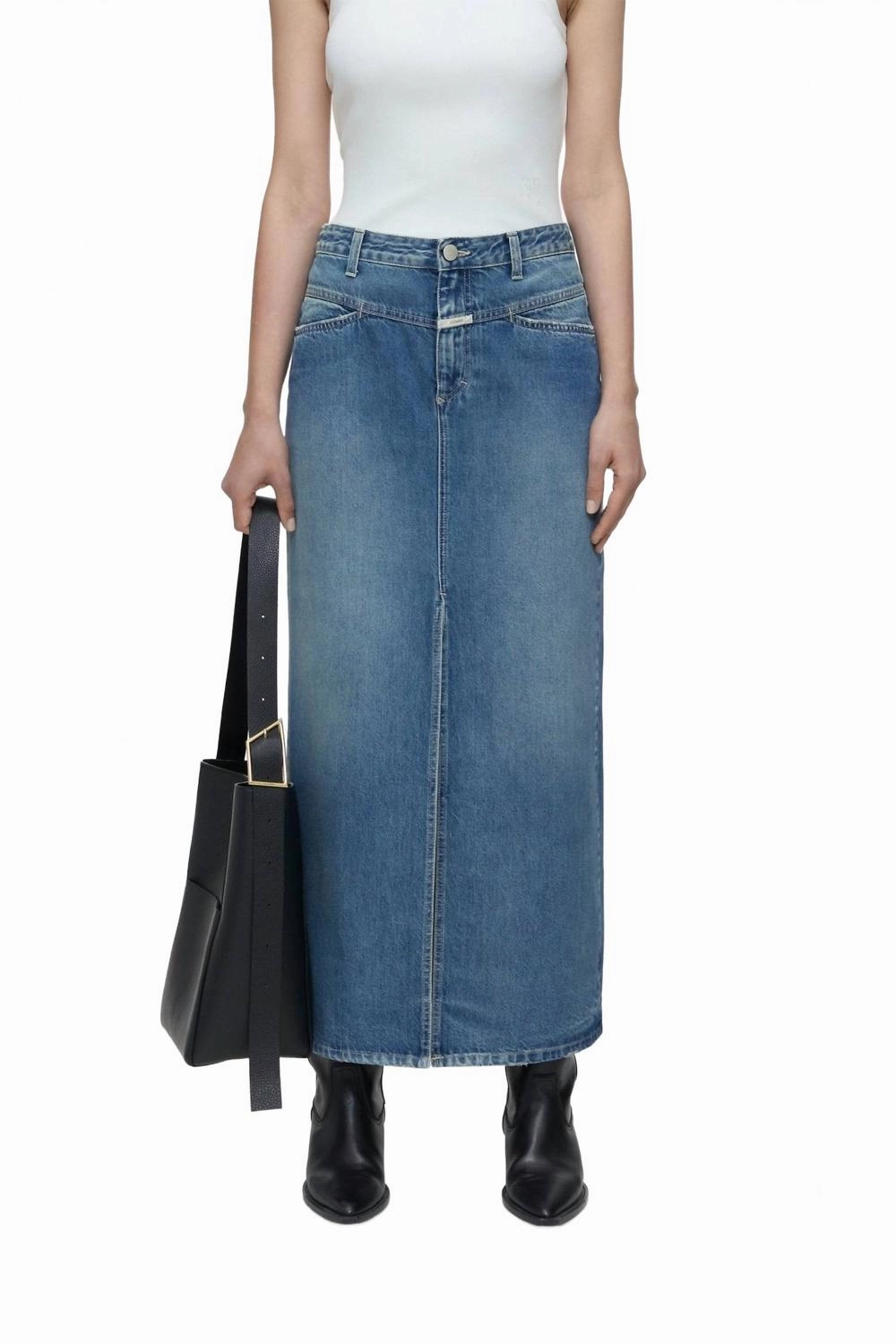 Elevated Casual Denim Midi Skirt In Dark Blue