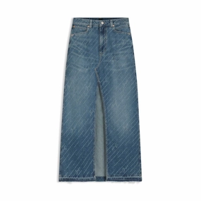 Denim skirt with logo pinstripe pattern and front slit Pull On Style Performance Fashion