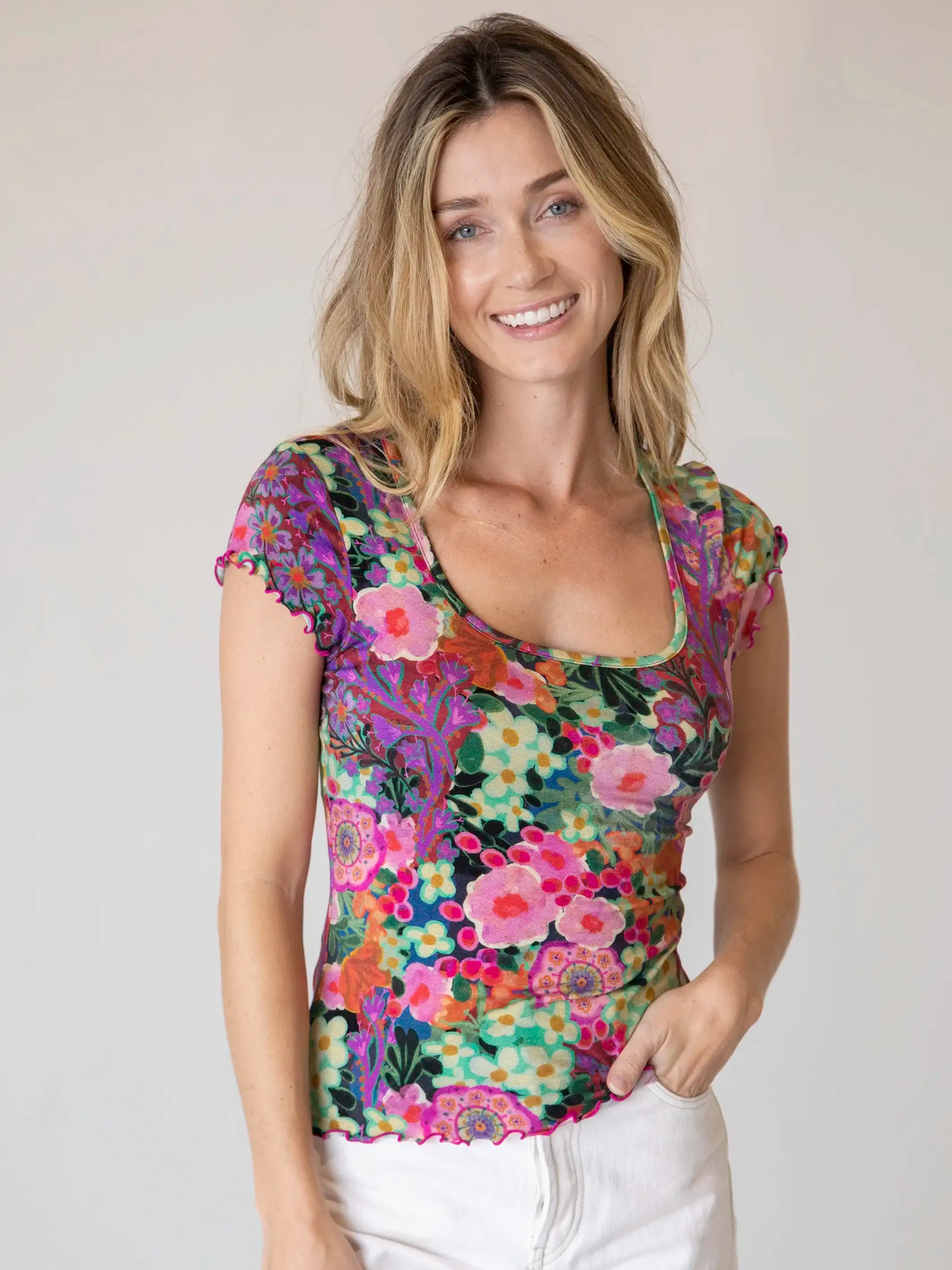 Devon "ButterSoft" Short Sleeve Top - Pink Painted Garden Holiday Comfort Style Versatile Design
