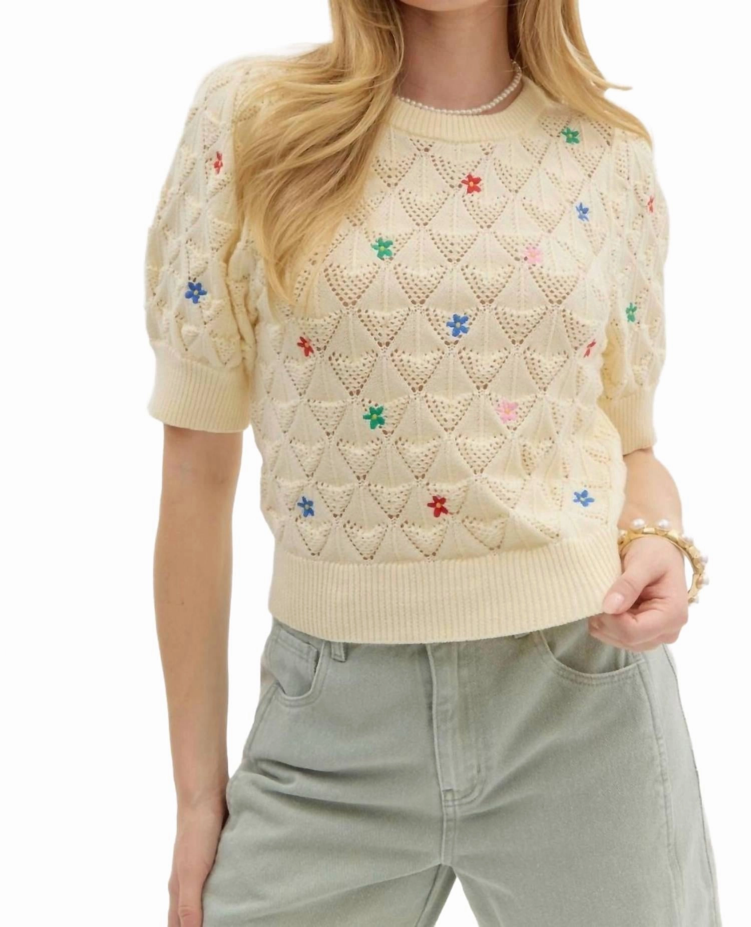 Diamond Pattern Pointelle Sweater In Beige Ventilated Underarm Design Cozy Look