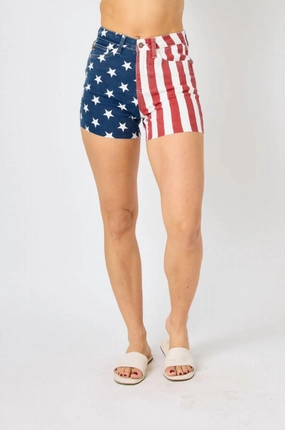 High Waist American Flag Fray Hem Shorts In Red/white/blue Basketball shorts hospitality industry