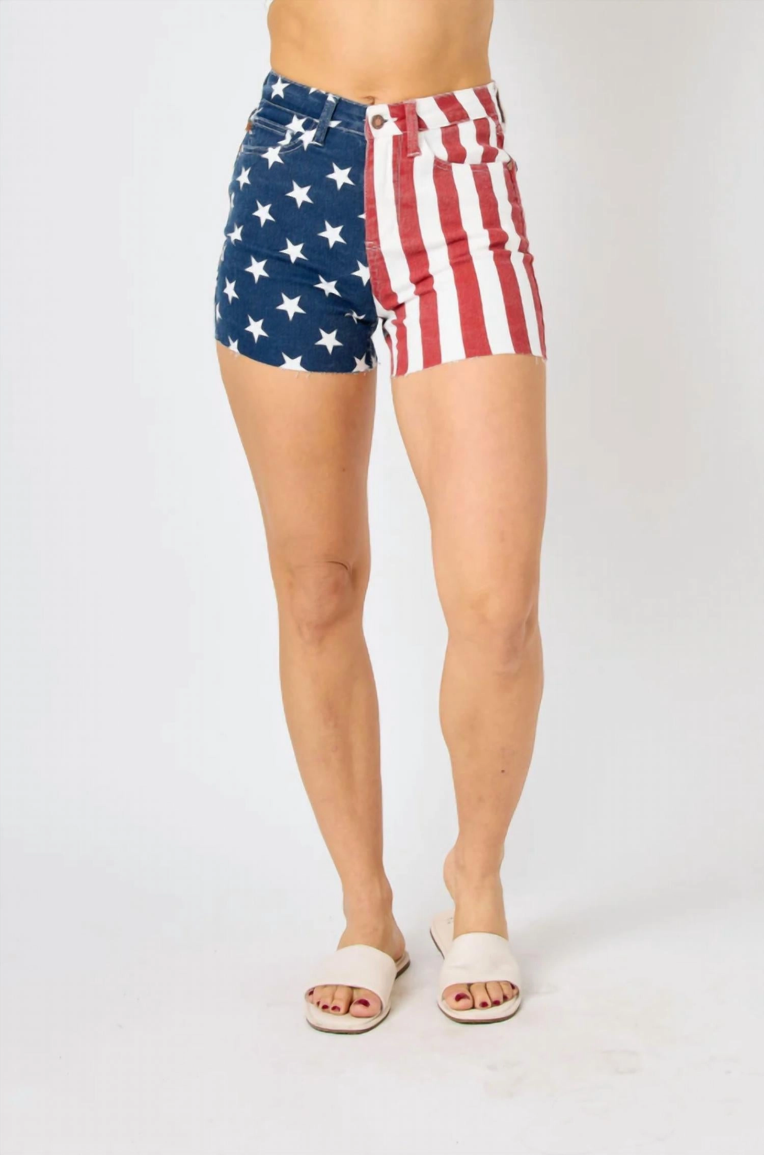 Beach-Ready Look High Waist American Flag Fray Hem Shorts In Red/white/blue