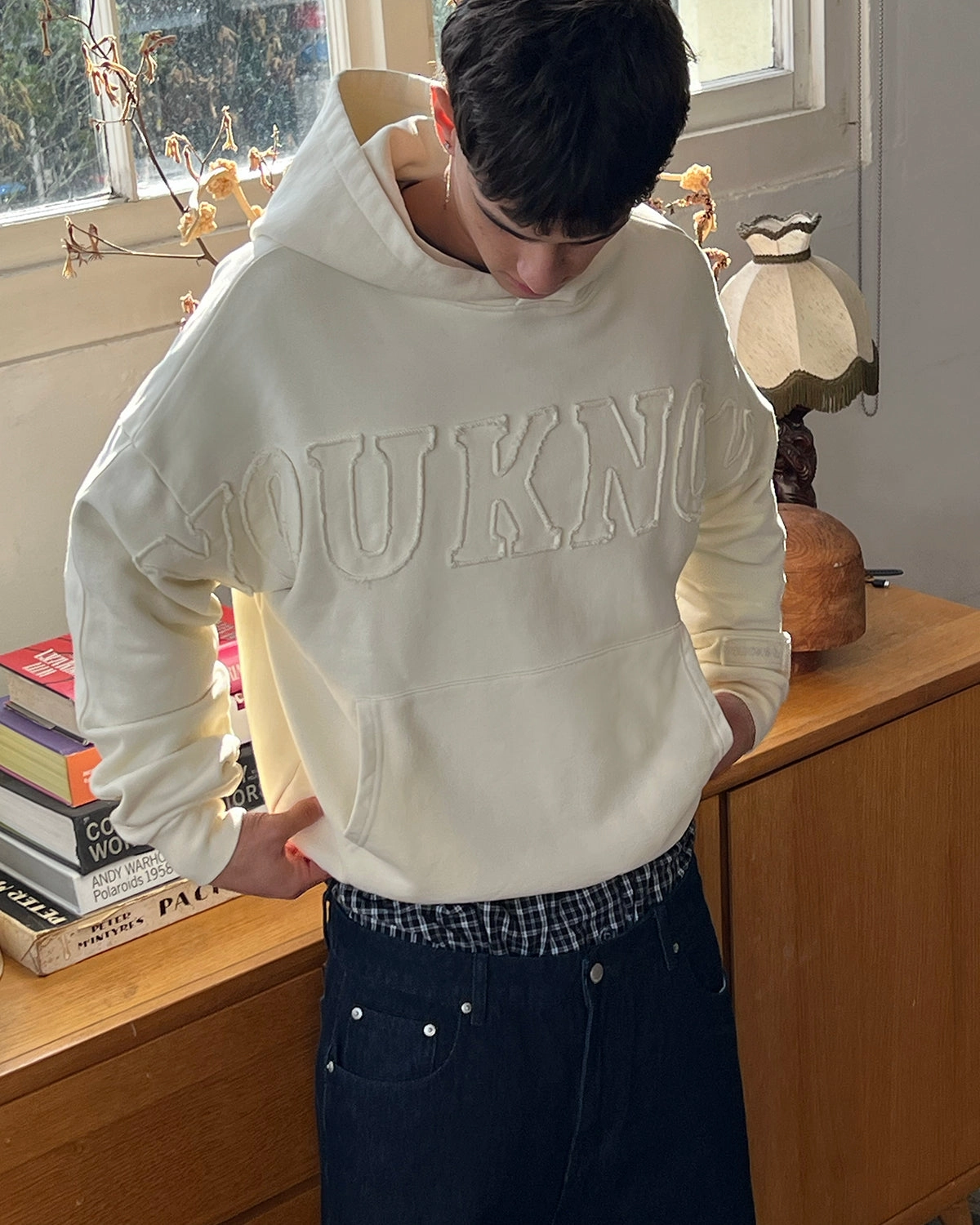 Statement Sleeves Street Mood Distressed Applique Hoodie | Washed Cream