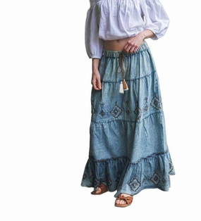 Quiet Style Breezy Outfit Women's Marina Embroidered Denim Maxi Skirt In Green