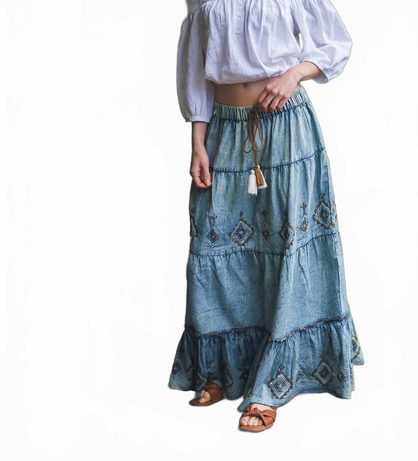 personalized option Women's Marina Embroidered Denim Maxi Skirt In Green