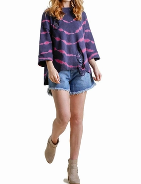 Distressed Tie Dye Sweater In Navy/fuchsia Casual Vibes