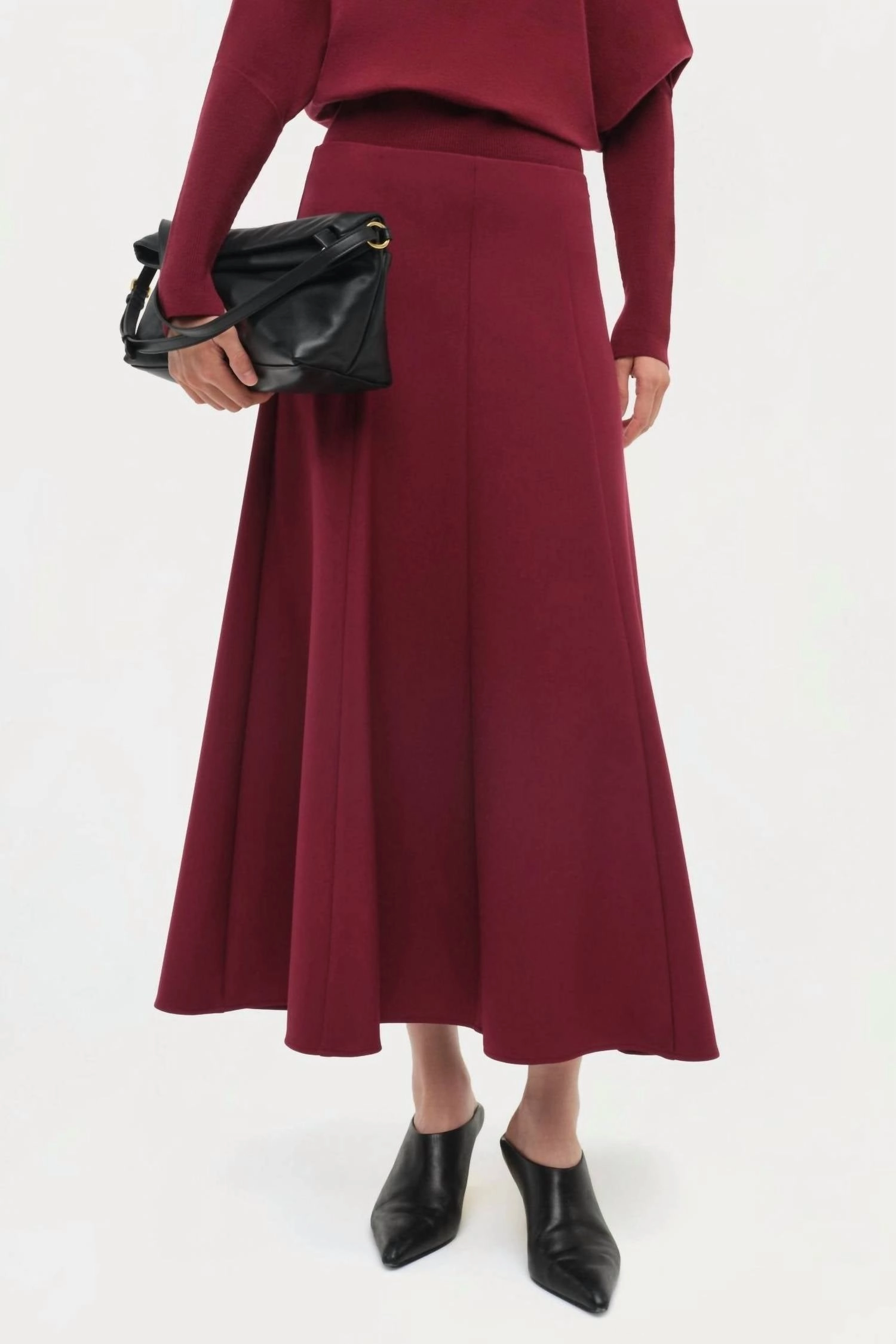 Photoshoot Ready Stretch Fabric Dottie A-Line Midi Skirt In Oxblood
