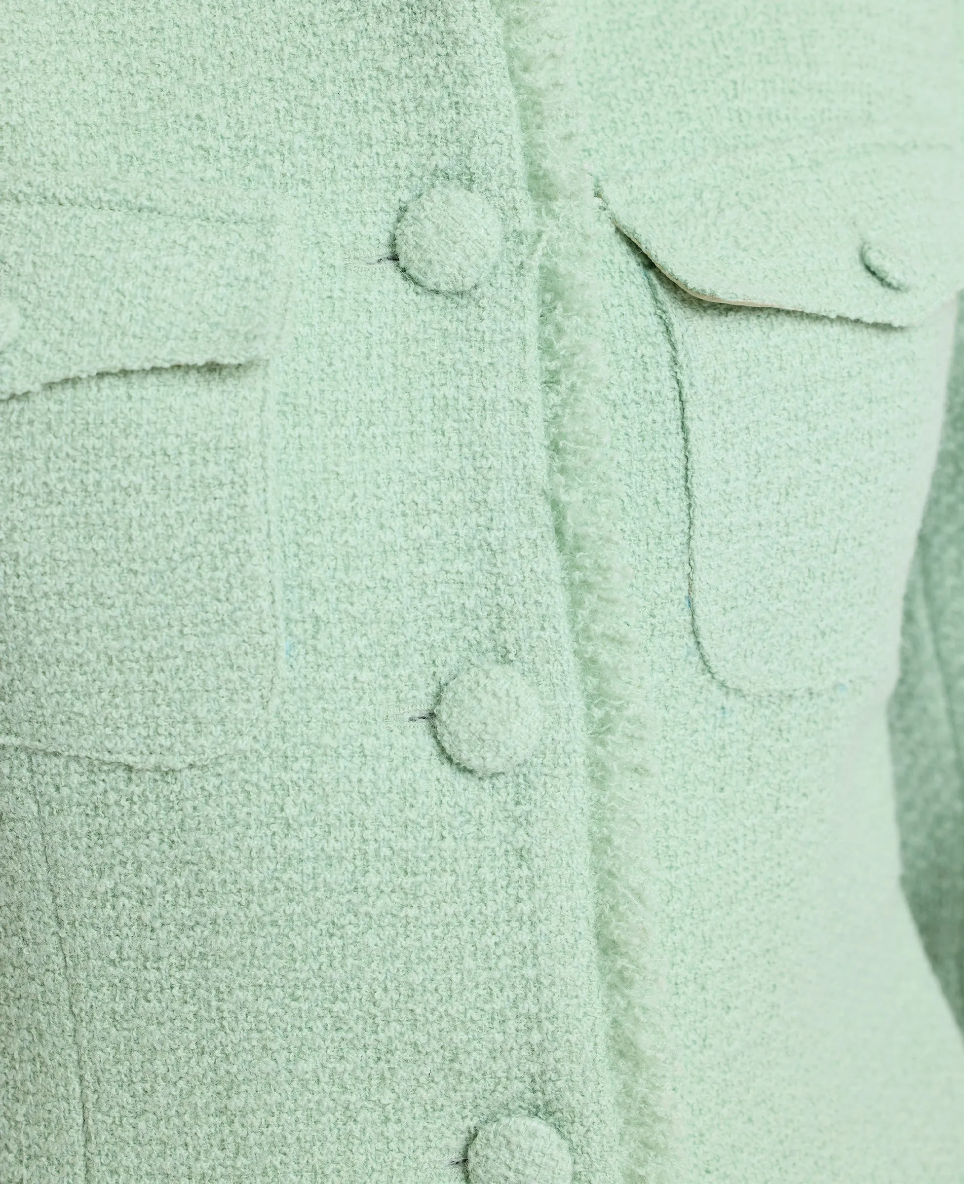 Gabrielle Wool Boucle Jacket Longline In Green HiddenPockets