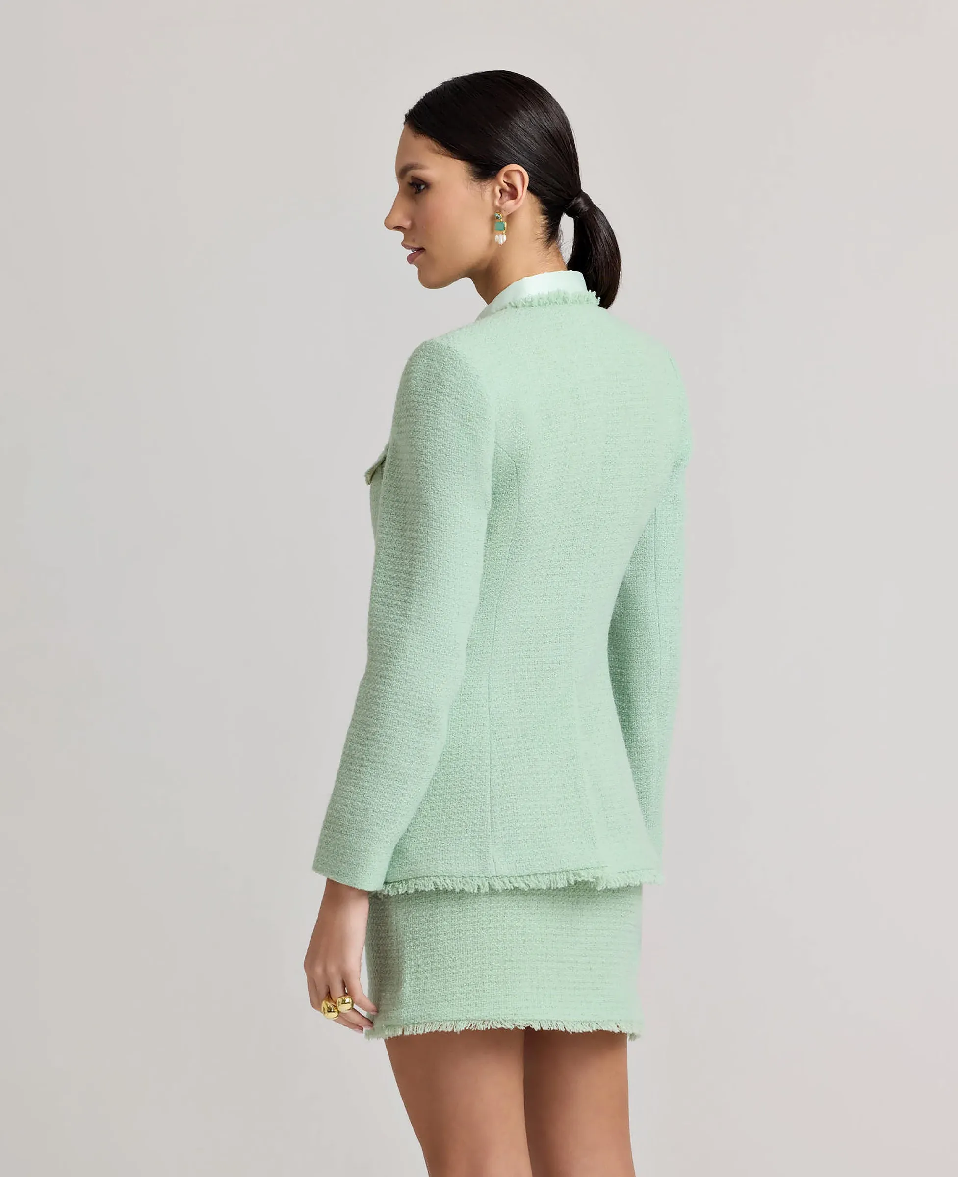 Anti Pilling Finish Pre Shrunk Cotton Blend Gabrielle Wool Boucle Jacket Longline In Green